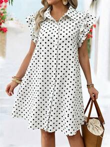EMERY ROSE Plus Size Polka Dot Print Cap Sleeve Casual Dress, Spring/Summer - White - View 5
