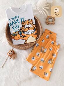 3pcs Boys Casual Cartoon Style Pajama Set, White Short Sleeve Top With Cute Yellow Cat Print, Matching Yellow Cat Print Shorts/Pants - Yellow - View 8