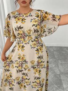 Modelyn Plus Size Women's Elegant Round Neck Ruffle Flare Sleeve Fitted Flowy Maxi Chiffon Dress, Spring/Summer - Multicolor - View 6