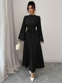 Elenzga Women Elegant High Collar Bell Sleeve Dress Fall Cloth For Women - Black - View 6