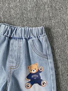 SHEIN Playful Pals 2件/套 幼童男童海軍藍夏季休閒海灘布魯克林熊印花條紋短袖T恤與牛仔短褲寬鬆版型純棉套裝 - 彩色 - 查看 8