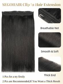 One Piece Clip In Human Hair Extensions, 5 Clips 3/4 Full Head Clip On Remy Straight Hairpieces, Natural Black Real Human Hair Adding Volume For Thin Hair, Daily Salon Wear For Women And Girls - SNatural - View 7