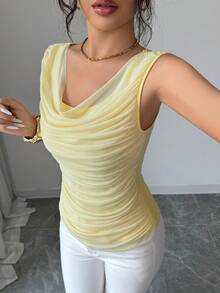 Elenzga Áo tank top nữ kiểu dáng thường ngày, chất liệu chiffon, cổ xếp ly, nhẹ nhàng và thanh lịch, thích hợp cho các buổi đi chơi, hẹn hò, lễ Phục sinh, Ngày của Mẹ, đám cưới, đi làm, kỳ nghỉ lãng mạn, màu vàng nhạt. - Màu vàng - Xem 5