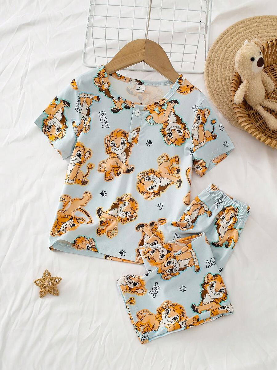 Bộ đồ ngủ và đồ mặc nhà cho bé trai in hình sư tử dễ thương, cổ áo mở, tay ngắn, thích hợp cho phòng điều hòa, thiết kế áo cardigan cổ bẻ + nút cài, dễ mặc và cởi, đồ ngủ rộng rãi thoải mái. - Nhiều màu - Xem 1