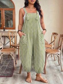 SHEIN LUNE CURVE Jumpsuit Wanita Ukuran Besar Elegan dengan Motif Garis-garis, Saku, dan Tali Serut, Cocok untuk Perjalanan Sehari-hari, Musim Semi/Panas - Hijau - View 3