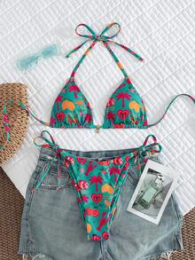 Swim Vcay Ensemble de maillot de bain sexy pour femme d'été avec imprimé palmier, bikini licou à nouer et culotte triangle - Multicolore - Voir 4