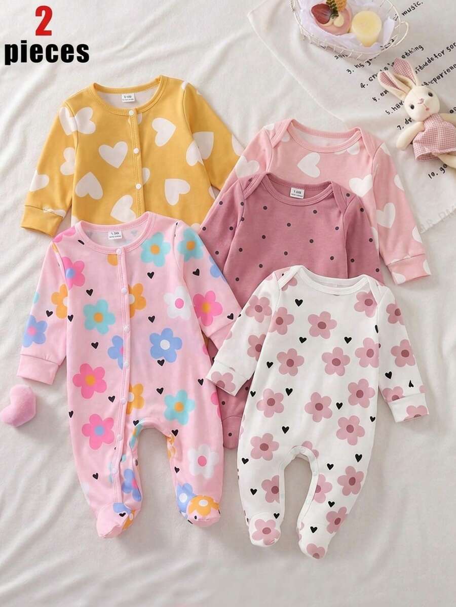 2件套新生儿碎花柔软舒适连脚睡衣,长袖 - 彩色 - 查看 1