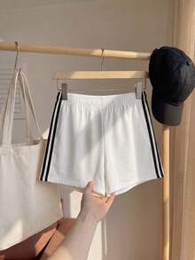 Comfortcana Plus Size Summer Sports White Contrast Color High Waist Super Short Shorts - White - View 8