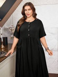 Lacomfia Women's Short Sleeve Loose Elegant Comfortable Minimalist Plus Size Dress With Pockets - Black - View 7