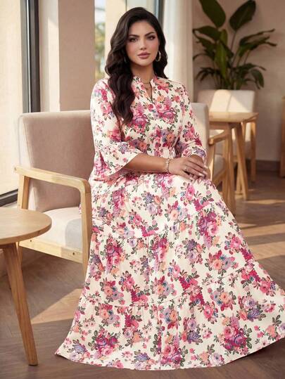 SHEIN Lady CURVE 大码波西米亚风印花休闲四层娃娃衫长裙，适合仲夏日、毕业典礼、婚礼宾客等场合，女士度假、海滩、节日、生日等场合穿着，飘逸连衣裙，夏季女装，加大码女装，正式夏季女装，加大码女式连衣裙，女士太阳裙