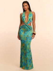 SHEIN BAE Đầm hở lưng cổ yếm gợi cảm in họa tiết nhuộm tie-dye - màu xanh lá - Xem 3