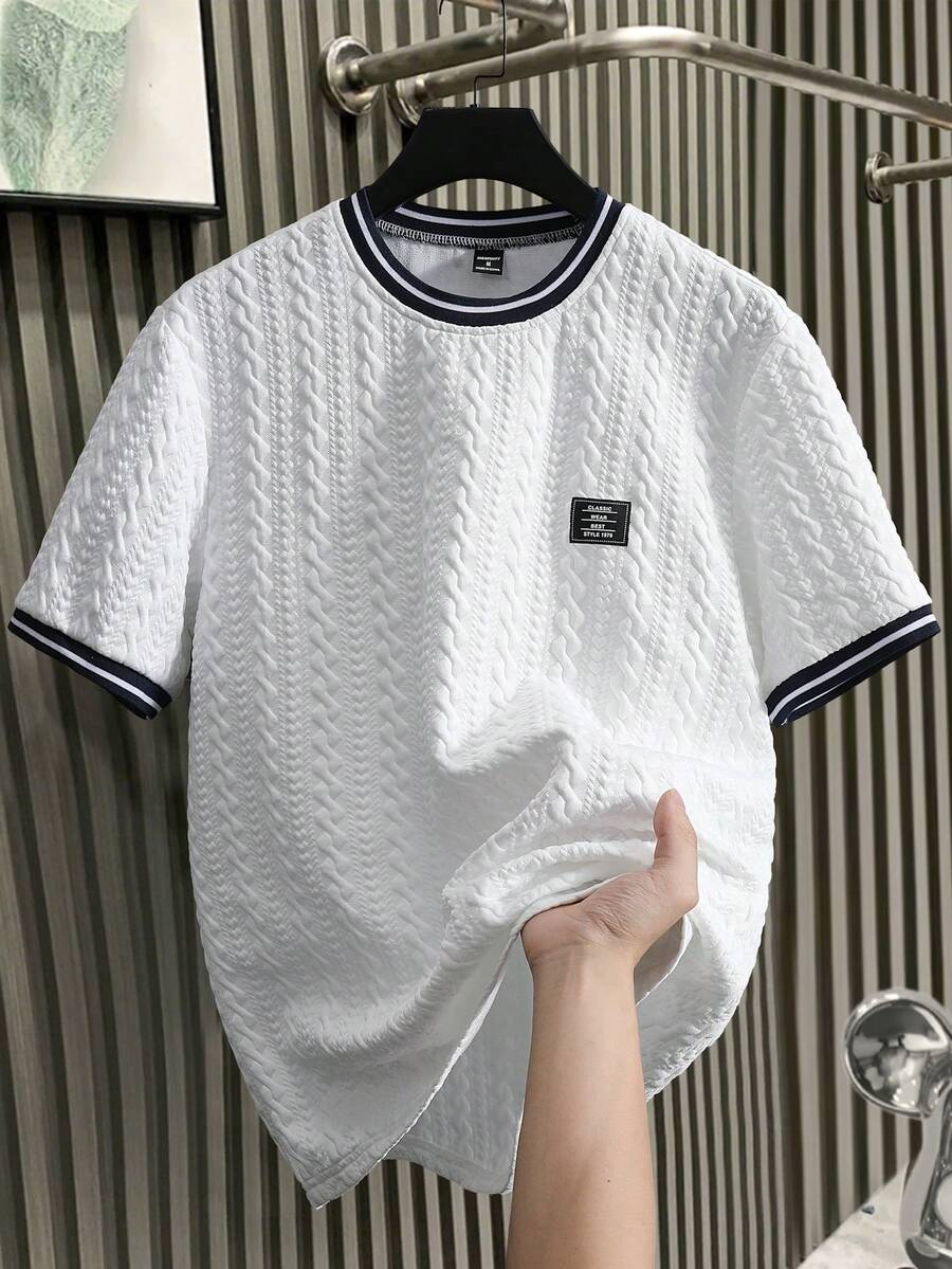 Manfinity Homme Men's Knitted Jacquard Solid Color Textured Blue Collar & Cuff Ribbed Graphic T-Shirt, Holiday - White - View 1