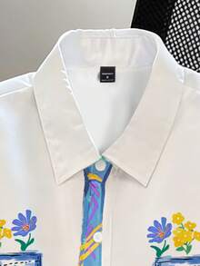 Manfinity Joysei 男士休闲仿领带涂鸦衬衫，带口袋，花卉领带领短袖衬衫，趣味涂鸦休闲衬衫，原创口袋花卉设计 - 彩色 - 查看 5
