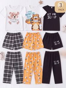 3pcs Boys Casual Cartoon Style Pajama Set, White Short Sleeve Top With Cute Yellow Cat Print, Matching Yellow Cat Print Shorts/Pants - Yellow - View 9