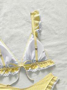 Swim Mod 2件/組 女孩特製面料條紋荷葉邊三角比基尼上衣與V型開衩喇叭三角泳褲泳裝 - 黃色 - 查看 3