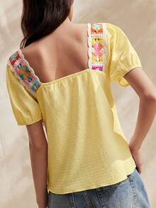 Easelle Women's Multicolor Woven Square Collar Short Sleeve Ruffle Hem Blouse, Suitable For Beach Vacation Bohemian Style Boho Top, Summer Shirt - Yellow - View 3