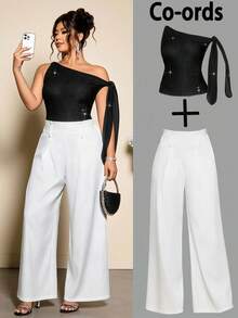 Cravure Bộ đồ cỡ lớn dành cho nữ, áo trễ vai đính sequin lấp lánh họa tiết bầu trời sao và quần ống rộng cạp cao, trang phục dự tiệc/tiệc tùng thanh lịch, mùa xuân/hè. - màu đen - Xem 1