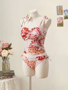 SHEIN MOD Women's Ditsy Floral Swimsuit Set - Apricot - View 3