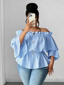 Maweii Blusa casual versátil de uso diario con hombros descubiertos y fruncidos en unicolor para mujer de talla grande - Azul - Ver 8