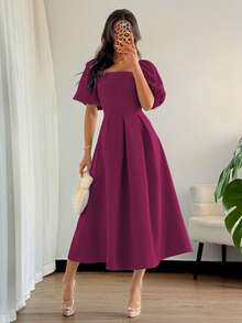 Elenzga 女士春夏法式优雅简约通勤办公商务休闲度假下午茶派对纯色方领荷叶边下摆A字泡泡袖短袖连衣裙 - 中紫紅色 - 查看 6