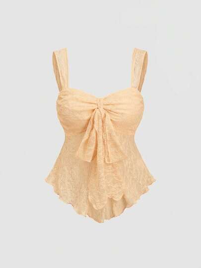 Sweetra New Spring/Summer Wide Strap Bow Textured Fabric Top, Sweet & Fashionable, Suitable For Daily Wear