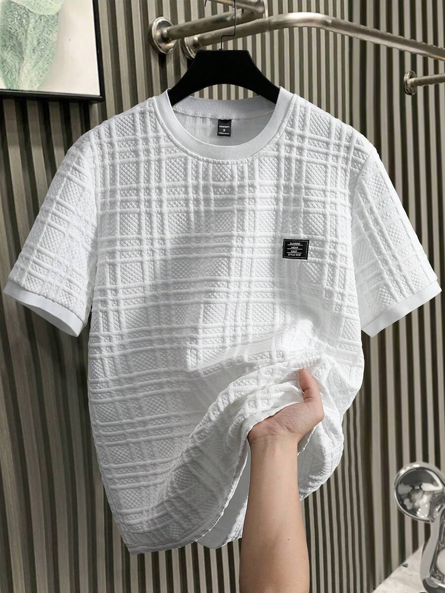 Manfinity Homme Men's Knitted Jacquard Solid Color Textured Collar & Cuff Ribbed Trim T-Shirt - White - View 1