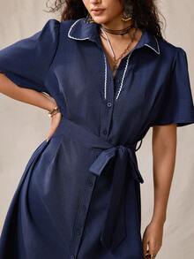 Nubod Plus Size Summer Casual Front Button Shirt Dress - Blue - View 5
