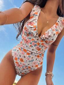 Swim Mod 1 pieza Traje de baño de una sola pieza con volantes en el cuello y espalda descubierta con estampado floral tropical de verano - Multicolor - Ver 1
