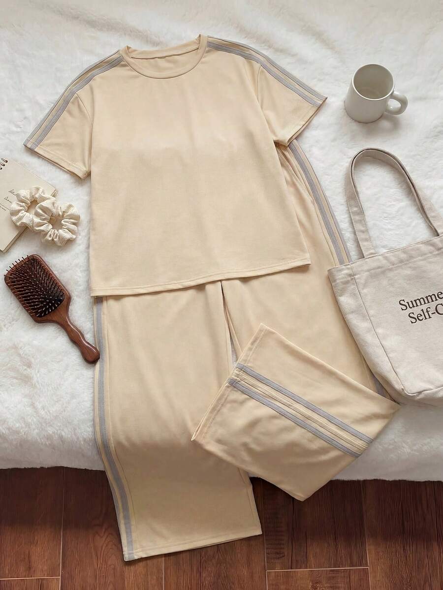 Comfortcana Conjunto informal de verano de 2 piezas de talla grande con camiseta y pantalones a rayas de contraste - Albaricoque - Ver 1