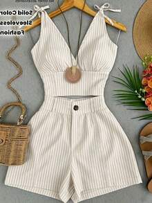 SHEIN Franclia Casual Striped Print V-Neck Tank Top And Shorts Set - Apricot - View 3