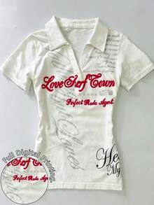 IslaSuriya 女士 Y2K 复古“Love Surf Town”图案印花 Polo 衫，修身 V 领短袖针织衫，休闲街头风 T 恤，日常穿着和送礼皆宜 - 彩色 - 查看 1