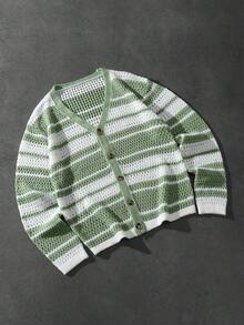 Manfinity LEGND Áo khoác cardigan nam dáng casual kẻ sọc khoét lỗ, cài cúc phía trước. - màu xanh lá - Xem 2