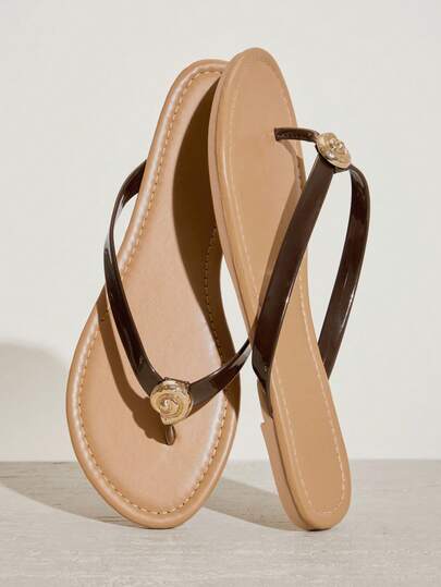 SHUZIA Women's Seashell T-Strap Round Toe Flip Flops Thong Pool Sandals