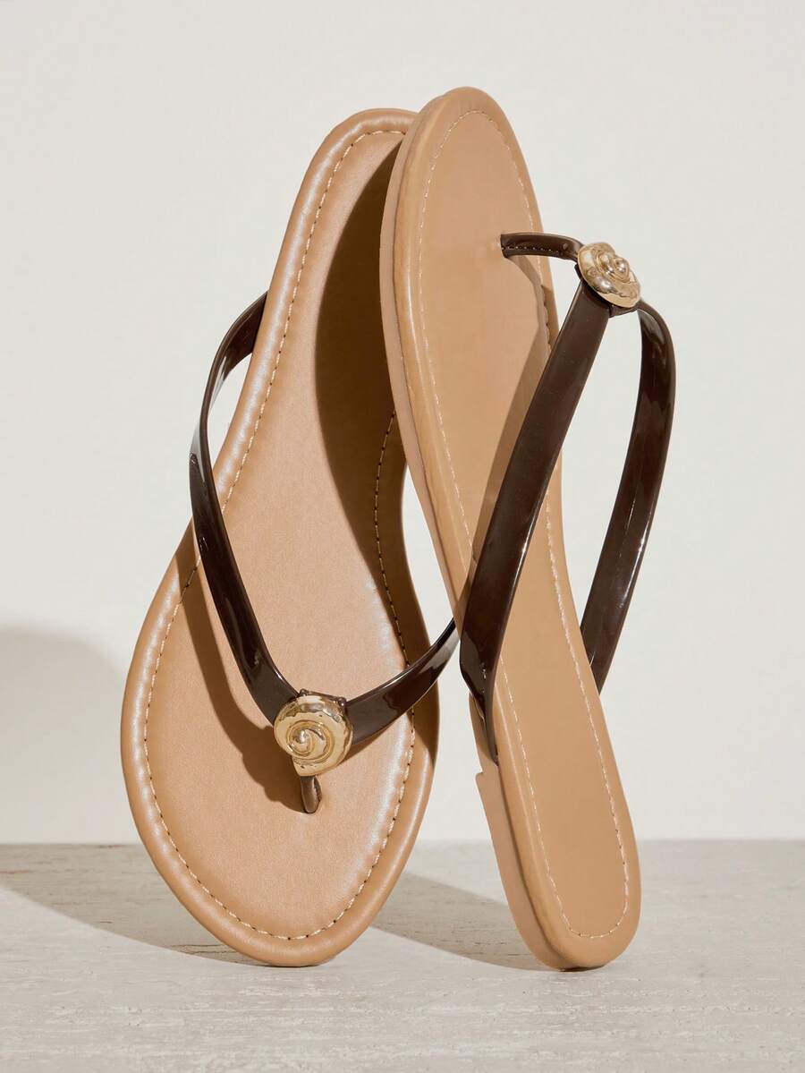 SHUZIA Women's Seashell T-Strap Round Toe Flip Flops Thong Pool Sandals - Coffee Brown - View 1