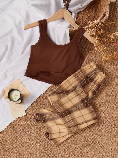 Set de 2 piezas para niñas preadolescentes: Top ajustado vintage marrón minimalista y pantalones casuales y cómodos de tela a cuadros marrón/beige