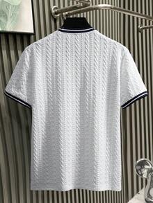 Manfinity Homme Men's Knitted Jacquard Solid Color Textured Blue Collar & Cuff Ribbed Graphic T-Shirt, Holiday - White - View 2
