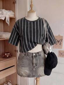 Comfortcana Plus Size Casual Washed Cotton Short Sleeve T-Shirt, Spring/Summer - Black - View 3