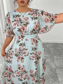 Modelyn Plus Size Women's Elegant Round Neck Ruffle Flare Sleeve Fitted Flowy Maxi Chiffon Dress, Spring/Summer - Multicolor - View 4