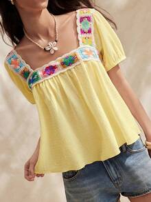 Easelle Women's Multicolor Woven Square Collar Short Sleeve Ruffle Hem Blouse, Suitable For Beach Vacation Bohemian Style Boho Top, Summer Shirt - Yellow - View 5