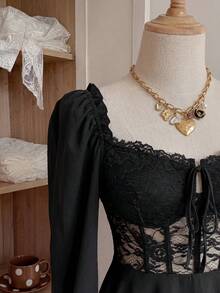 CovetEZ Abito nero elegante e sexy in pizzo, taglio a-line, per taglie comode - nero - Visualizzare 3