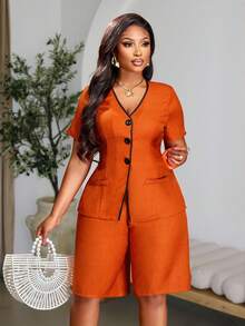 Brilight Bộ đồ nữ thời trang thường ngày, chất liệu vải lanh pha, gồm áo blazer và quần short lửng. - Đỏ - Xem 3