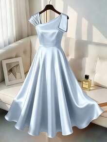 GlowEve CURVE Plus Size Women Satin Asymmetrical Shoulder Elegant Flared Dress Fall - Blue - View 4