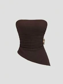 Sweetra Petite Women's Summer Casual Metal Decor Asymmetric Hem Tube Top - Brown - View 3