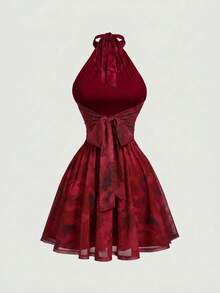 Skyraze Backless Bow Tie Flowy Abstract Floral Mini Dress - Burgundy - View 3