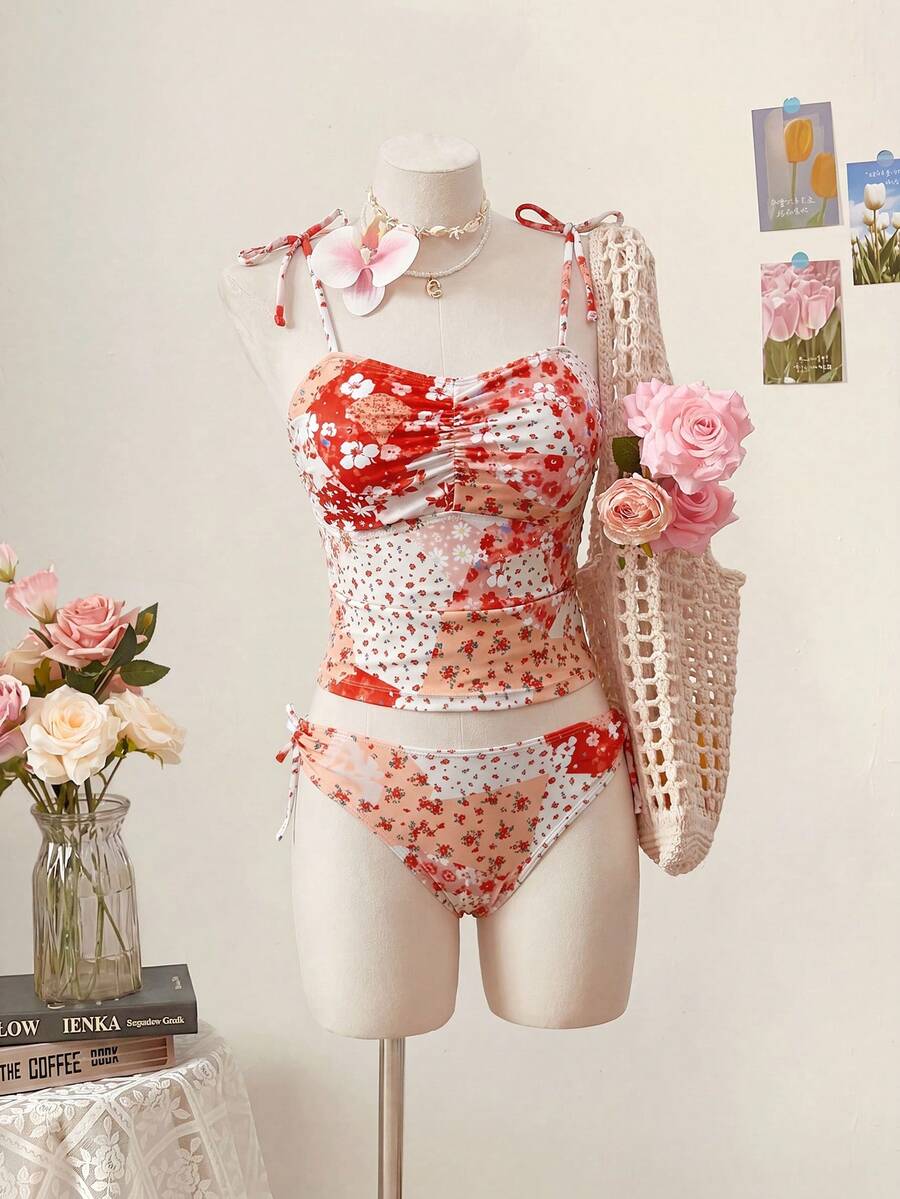 SHEIN MOD Women's Ditsy Floral Swimsuit Set - Apricot - View 1