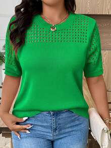 EMERY ROSE Plus Size Casual Hollow Out Round Neck Short Sleeve Top - Green - View 1