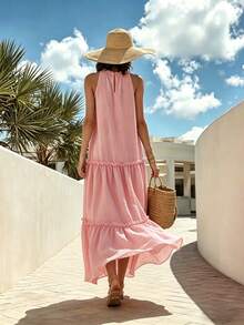 Balvessa Đầm chữ A xếp tầng màu hồng bằng vải chiffon dành cho nữ, thích hợp cho kỳ nghỉ. - Hồng - Xem 2