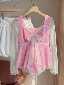 Comfortcana Áo kiểu dáng cỡ lớn, cổ búp bê, ren nơ, chất liệu xuyên thấu. - Màu Hồng baby - Xem 5