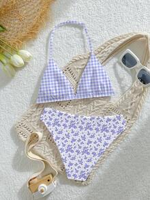 SHEIN 少女花卉格纹印花可调节挂脖式比基尼泳衣两件套，休闲度假可爱泳装，适合夏季海滩泳池派对等场合。 - 彩色 - 查看 2