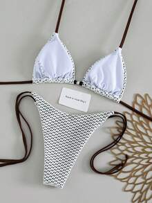 Bonvoyette Swim Vcay 新款奢華優雅兩件式白色鉤編蕾絲與焦糖/棕色三角比基尼套裝女款，掛脖泳衣上衣配木珠飾飾，性感高衩俏皮丁字褲泳裝/泳衣，適合夏季海灘泳池度假，復古Y2K辣妹風泳衣，音樂節、熱帶海濱早午餐出遊、海島度假&時尚氛圍 - 棕色 - 查看 6